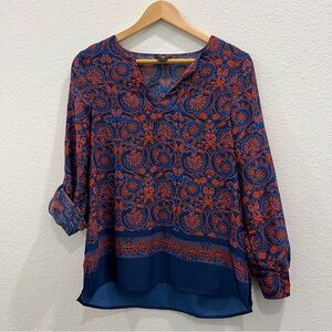 Ann Taylor Blue and Orange  V-Neck Long Sleeve Top Work Blouse Size Small Petite